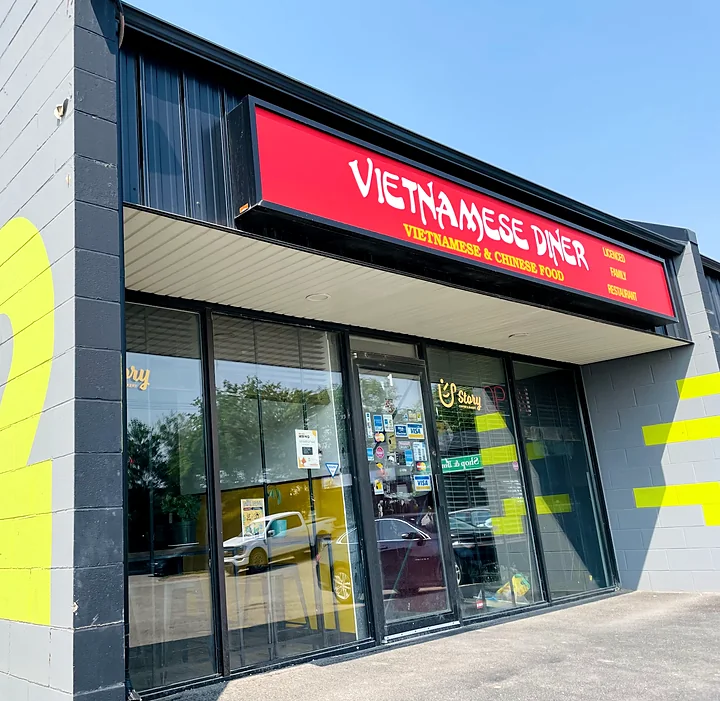 Vietnamese Diner storefront with its red sign on 22nd Street West, Saskatoon