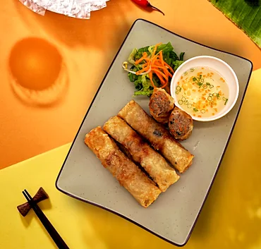 Crispy fried spring rolls with pickled carrot salad and dipping sauce