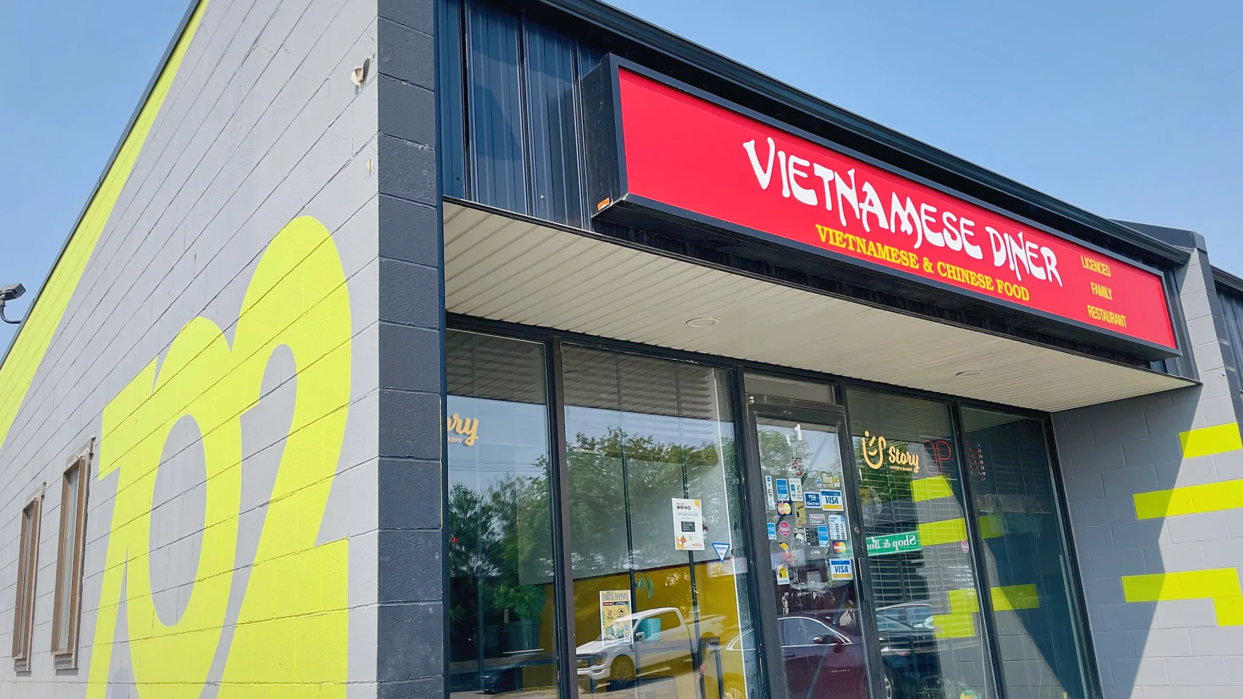 Vietnamese Diner storefront with its red sign on 22nd Street West, Saskatoon