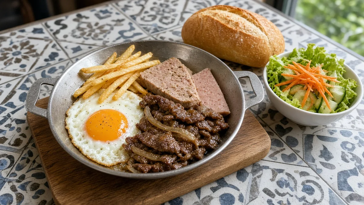 Bo ne: fried egg, marinated beef with onions, pate and ham in a small wok pan, with a baguette and side salad