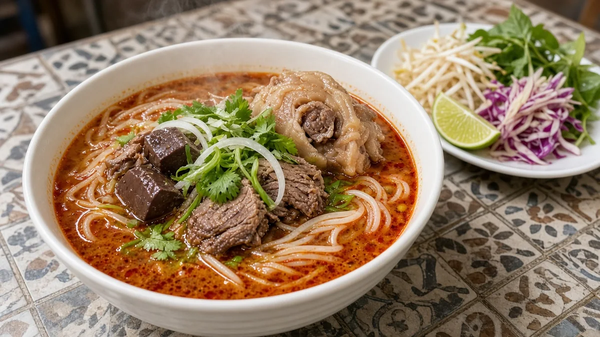 Bowl of bun bo Hue spicy beef noodle soup with beef shank and herbs, with a side plate of sprouts, lime and cabbage