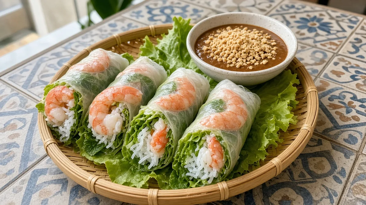 Vietnamese fresh rolls with shrimp, vermicelli and lettuce on a bamboo tray with peanut dipping sauce